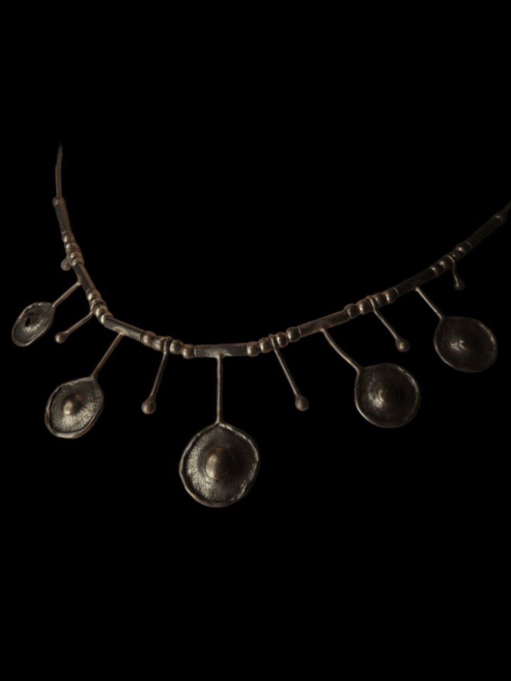 Vintage Brutalist MCM Artisan Oxidized Silver Bronze Disc Bib Necklace